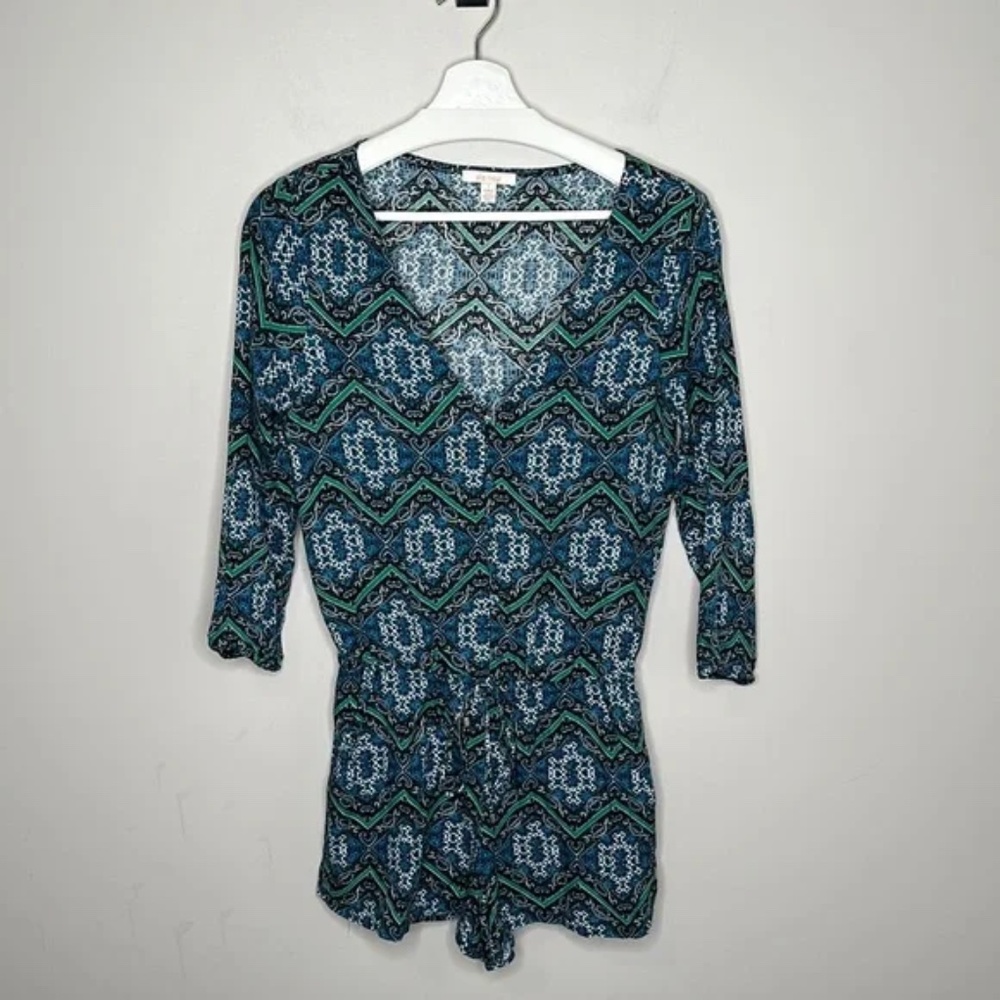 Ella Moss Green and Blue Button Down ¾ Sleeve Romper
